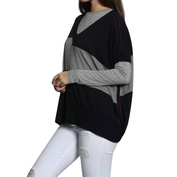 NEW LABEL+THREAD wide chic vee poncho in navy/grey - Picture 2 of 4